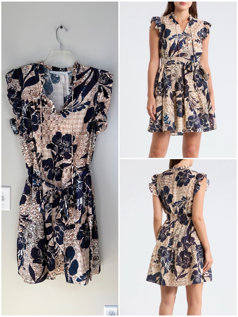 Julia Jordan Artsy Navy Floral Printed Flutter Sleeve Flex Mini Dress